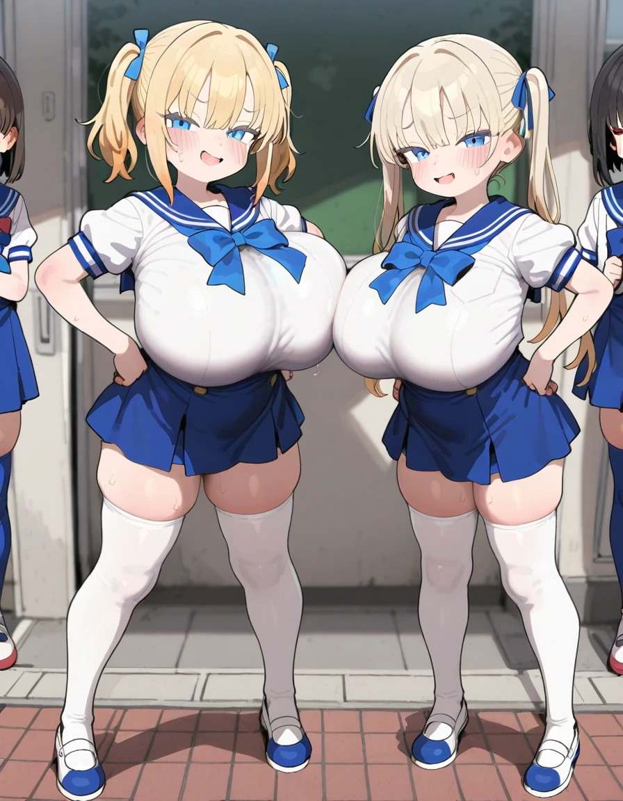 mastute piece, Best Quality, insanely detailed, 8k cg, (3+girls, 4+girls, 5+girls:1.2), harem, group picture, huddle together, crowd cheering, front view, straight view, from below, cowboy shot, looking down, perfect face, detailed face, very cute face, 12yo, (voluptuous bust:1.3), perfect detailed breasts, (perfect detailed bare gigantic teats, perfect detailed bare gigantic areola:1.3), slender waist, (top-less, expose breasts, breasts out, no bra:1.2), no pants, no skirt, no panties, sailor uniform, white shirt, (bind breasts by rope, bind arms by rope:1.3), (arms down behind back:1.4), no hands, no fingers, wide smile, beaming, smiling warmly, full-face blush, sweaty, wide open mouth, wetting femail genital, (outside city:1.3), uncensored, ponytail,