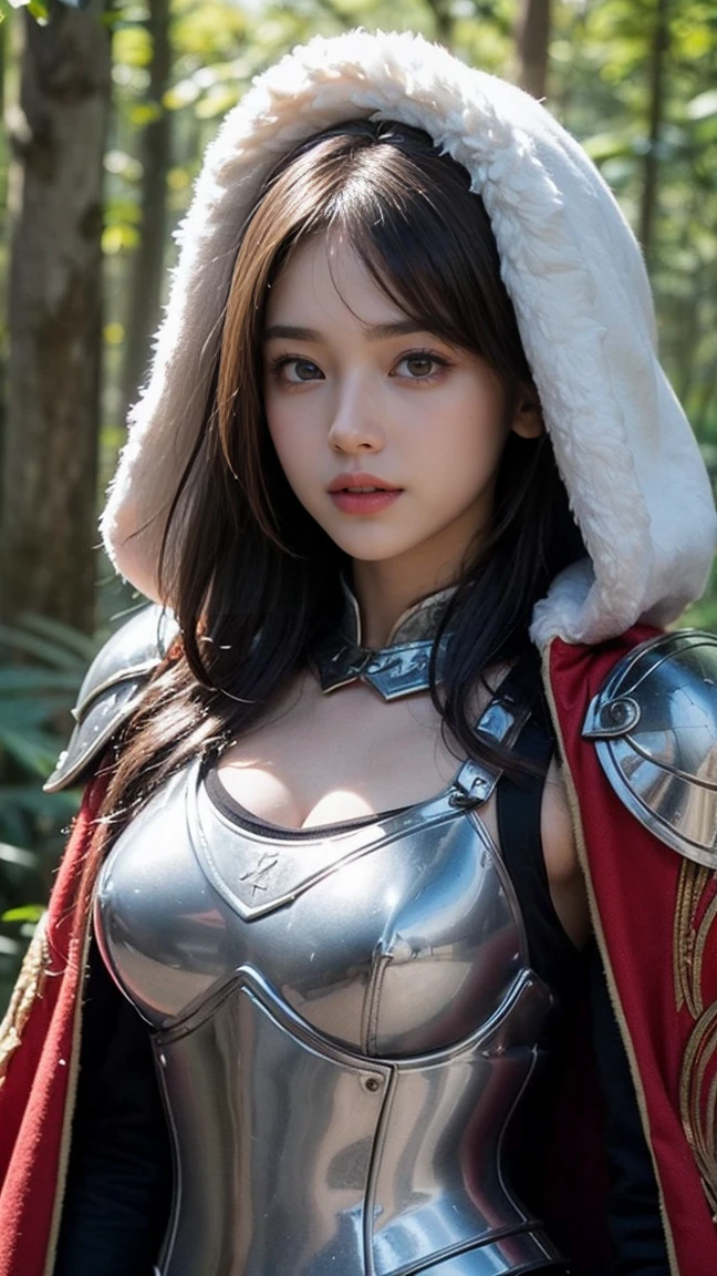 1girl, wearing fur coat, detailed texture, cleavage, (15yo, cute:1.8), (breasts:1.2), snow, pine trees, snow storm, white fluffy hat, purple reptilian tunic, golden scales, silver (armor:1.2), super intricate details, dark mountain,