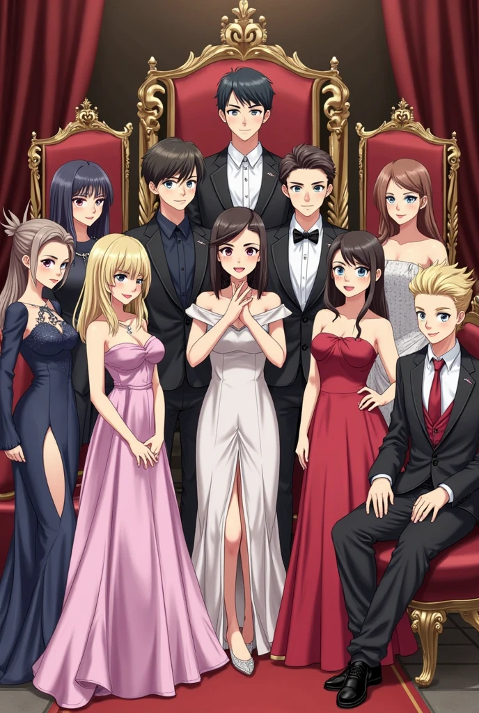 ((A woman with long hair)),banquet,Black straight hair,Simple dress,((Cold expression)),Japanese comic style,A man in a suit and short black hair is standing in the front left.,In the front right stands a woman with long brown hair wearing a gorgeous blue dress and gorgeous accessories.,