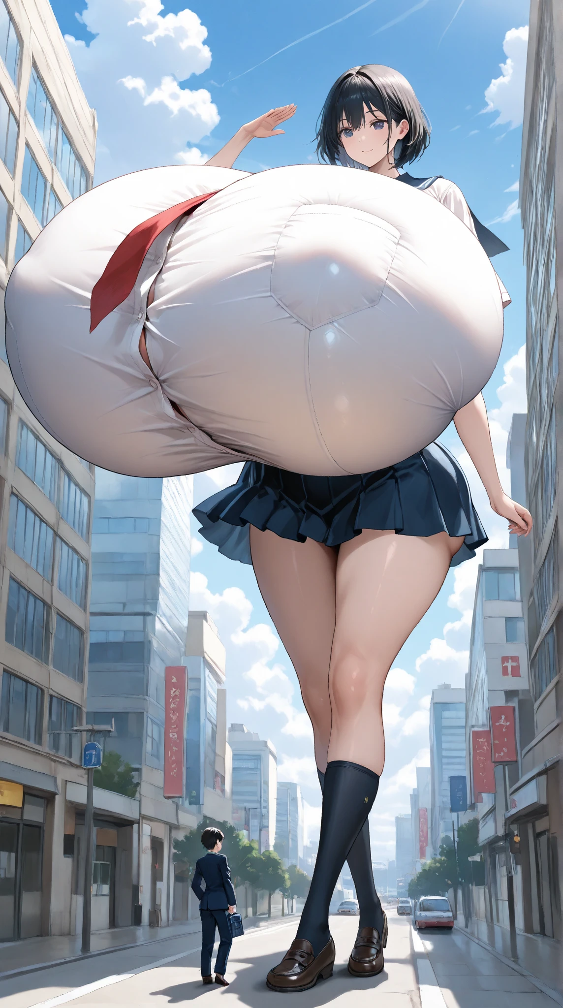1girl, natural lighting, masterpiece, highly detailed, realistic, 8k resolution, high quality, aichan, city, pleated miniskirt, (lace panties:0.8), narrow waist, (cell vore), (tail vore:1.3), struggling, ass view, thigh highs, (schoolgirl crowd)