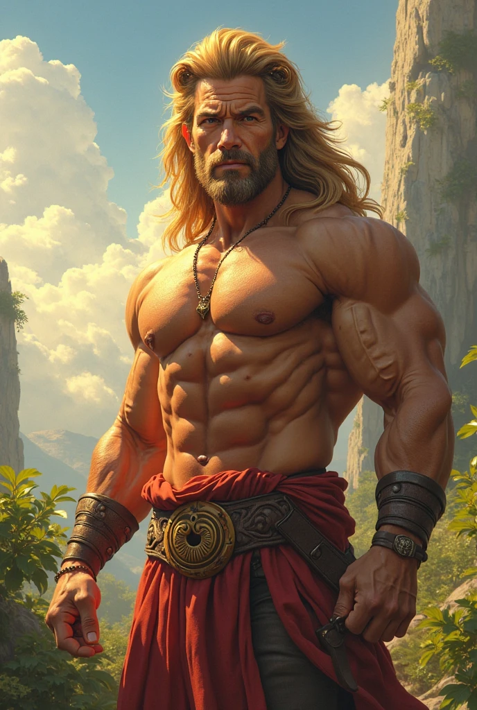 A painted portrait of stout Zeus almighty god of thunder, greek god, blond hair, male, mature, handsome, upper body, muscular, hairy torso, fantasy, intricate, elegant, highly detailed, digital painting, art station, concept art, soft, sharp focus, illustration, art by Gaston Bussiere and Alphonse Mucha, fierce eyebrows, cinematic rim light, very strong and hairy torso, intense action, dynamic juxtaposition, very high quality face, desert game, exploitable image, face neck shoulders, tall strong man, long windy hair, stylized dynamic folds, angry