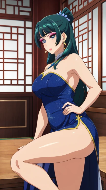 (Highest quality), (8k, High resolution), (masterpiece: 1.2), (Very detailed), (Anime art style), (maomao), One girl, Teen Style, Detailed green hair, Detailed blue eyes, Complicated hairstyle, Long Hair, Earrings, (slim body), (medium Breasts), Sparkling eyes, hair accessory, Earrings, Half Up, Slightly blunt bangs, (China dress, Exposed shoulders), (tight cloths: 1.5), (open clothes), Detailed lighting, Bright colors, looking at viewer, squatting, spread legs, Cowboy Shot, indoor,
