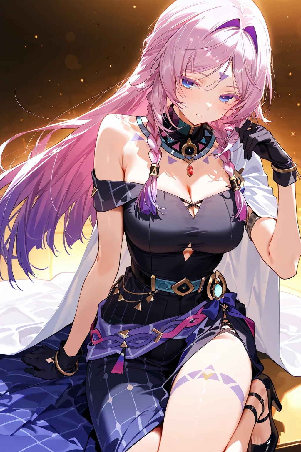 shikimori, medium breast, slim legs, blue gown, navel, skirt, standing, beautiful eyes, blue eyes, happy, arabian belly dancer, stage, sitting