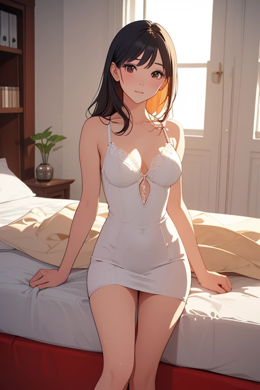 best quality ,masterpiece, illustration, an extremely delicate and beautiful, extremely detailed ,CG ,unity ,8k wallpaper,absurdres, huge filesize,very wide shot,soft lighting,contre_jour,in office, 1girl,solo,sexy,cute,light smile, long hair,sidelocks,lipstick,long eye lashes,beactiful detailed eyes,middle breasts,white dress,Camisole dress,long legs,beautiful legs,high heels,standing,full body,photo by Fujifilm X-T3