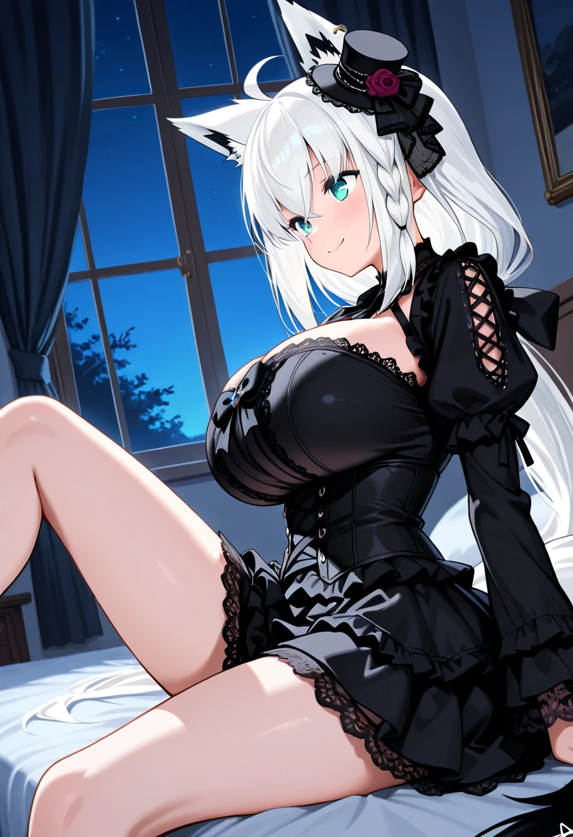 big breasts,Wearing maid outfit,blush, surprise,look at me,red pupils,Lace tights,beautiful hair、 beautiful eyes、 beautiful skin、beautiful legs、beautiful arms、perfect fingers、 very cute,white hair, long hair,white cat ears, white cat tail,best quality,high resolution,top quality、 looking at the audience,sitting,kneeling&Place on the bed,Knees together,internal figure eight,Beautiful girl alone,pink bows,slender eyebrows,hair slightly moist,On a very large white bed, white pillows,perfect waist,Skirt has cutouts at the end,Pouting,The clothes are a little wet,little girl,very young,18 years old,shy smile,Long messy white hair tied up,tempting pose,chiaroscuro,bare shoulders,Naked room,Slit sleeves,There are a few drops of water on the breast,bare legs,barefoot,Ray tracing,disdainful expression,Lift up the skirt a little