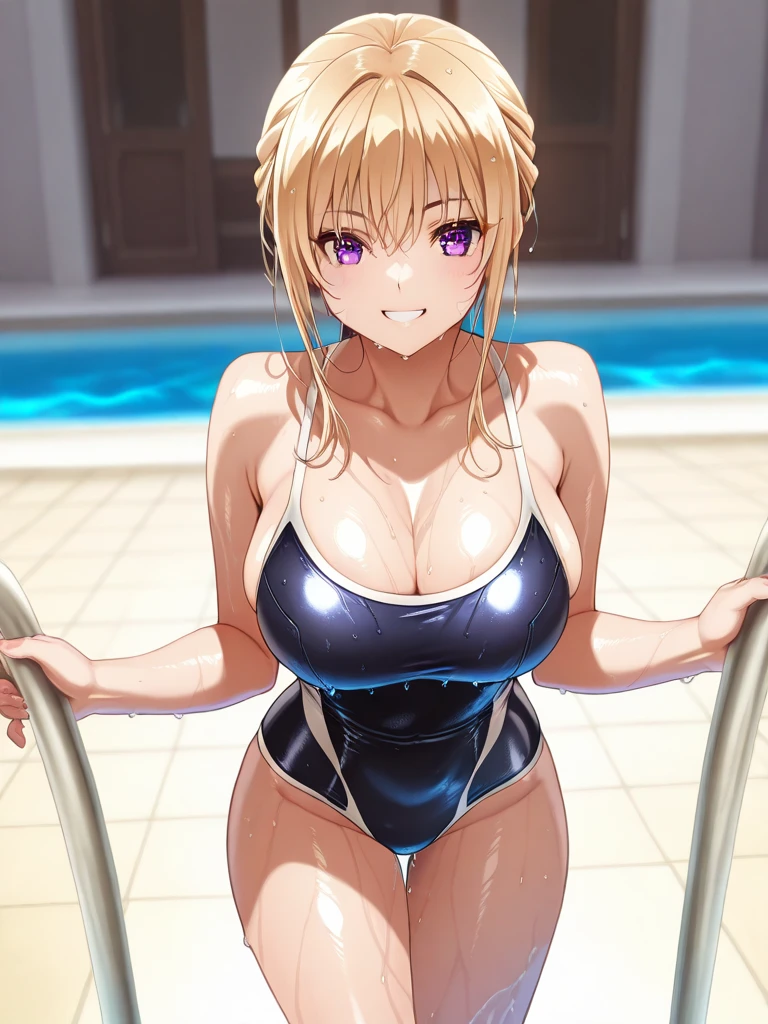 (large :1.55),(shiny,hair),((solo)),((masterpiece)),((best quality)),perfect anatomy,slim waist,perfect image,8k UHD,(beautiful detailed eyes:1.5),extremely detailed face,standing,(upper body:1.25),(look at the front:1.5),arms behindback,ultra-detailed,absurdres,highres,roxy hart,(aqua eyes:1.1),blonde hair,indoor pool,(extremely shiny Competition swimsuit:1.2),smile,