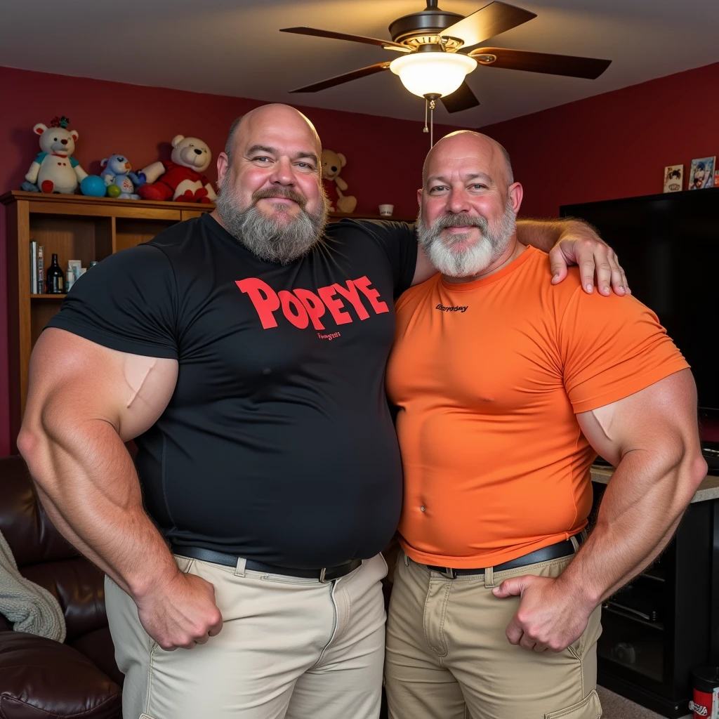Hyperrealistic image of a smiling bricklayer superhero hugging a gray-haired bodybuilder friend, very old and very sweaty, over 80 years old, very muscular and fat, more than 200 kilos with a naked torso, large and flaccid pectorals, brown nipples and big gray mustaches with huge tattooed arms on a construction site dressed in a pair of jeans with a tool belt and a yellow helmet on his head