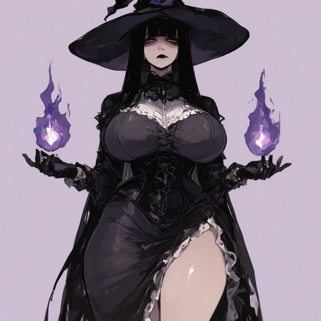 (score_9,score_8_up,score_7_up,score_6_up,score_5_up,score_4_up),1girl,solo, bob cut, black hair, half closed eyes, red eyes, vampire eyes, Long Eyelashes, looking down, parted lips, head tilted, very huge breast, witch hat, black dress(black crow styles), Breast Curtains, curvy, Pelvic Curtain, side-tie panties, thigh, thick, hand on own hip, white background, depth of field, masterpiece, best quality, realistic light and shadow, high key lighting, (balanced photo, balanced exposure), view from bottom, from below, thigh to head,
