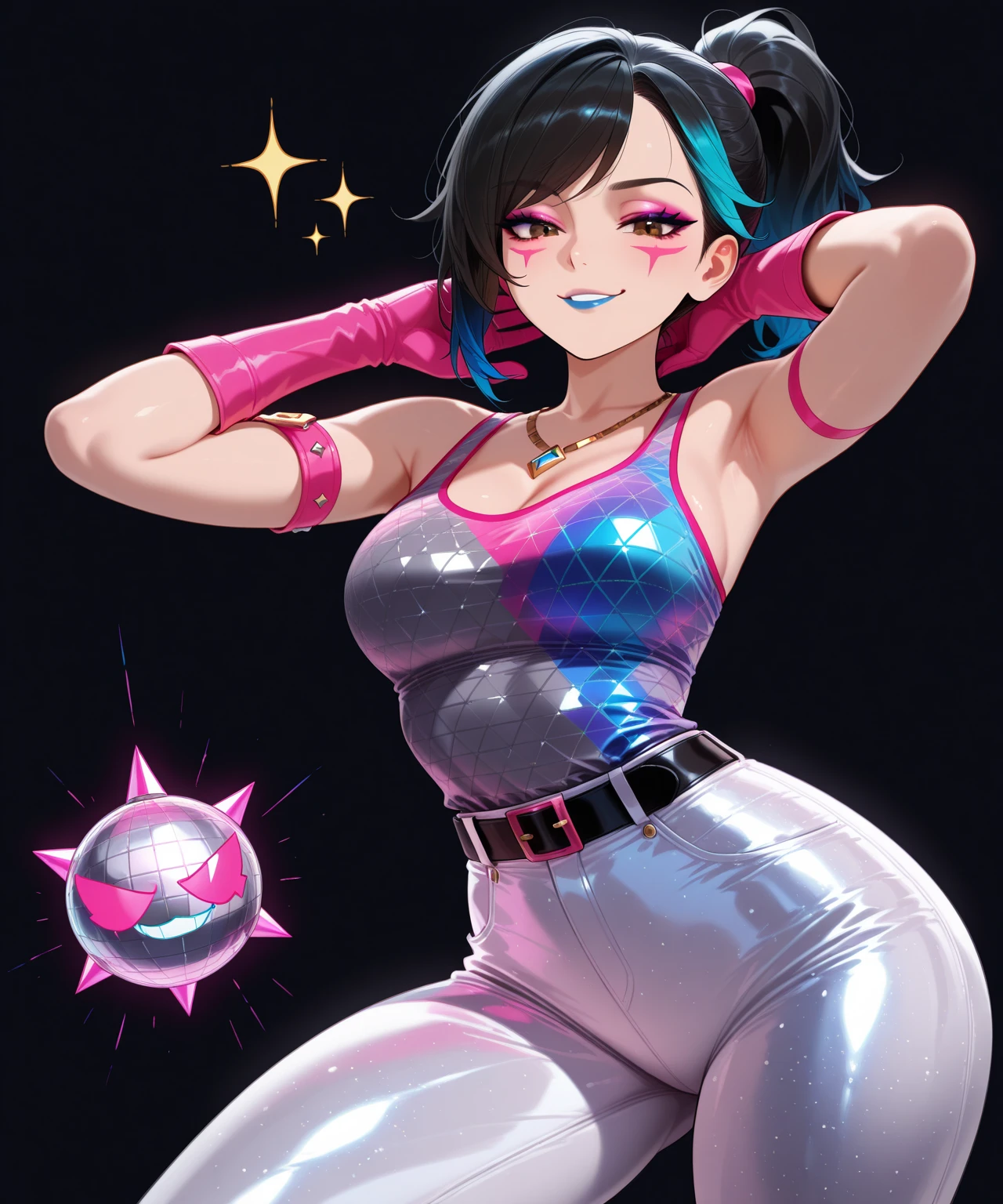 [hands:1]Colorful background ,Viewers dream,View from below,1girl,heart-shaped pupils,hands on tongue,black hair,blue eyelush:1.1),whole body trembling,sweat,sweatdrop,heart,(speed lines:1.1),medium breasts, ((heavy breathing:1.3)), love, heart, crop top, happy, smile, colorful dress, view from below, breasts bouncing