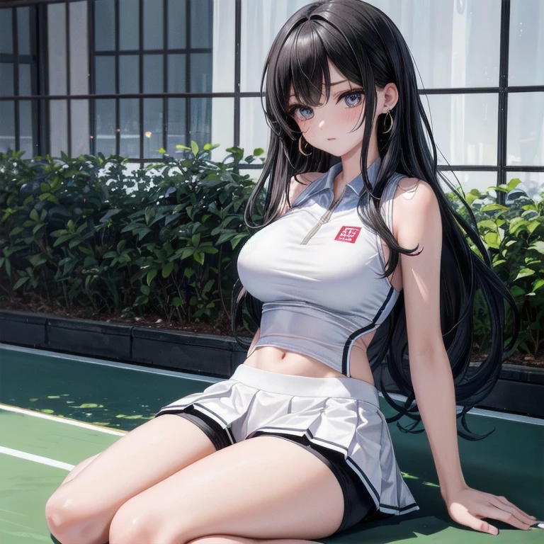 masterpiece, 1girl, solo, yukino yukinoshita, glowing eyes, white sneakers, tennis wear, white miniskirt, white panties, white knee socks, masterpiece, top quality, realistic, hyper-detailed, blue sky, tennis court, (grabbing her own breasts:1.5)