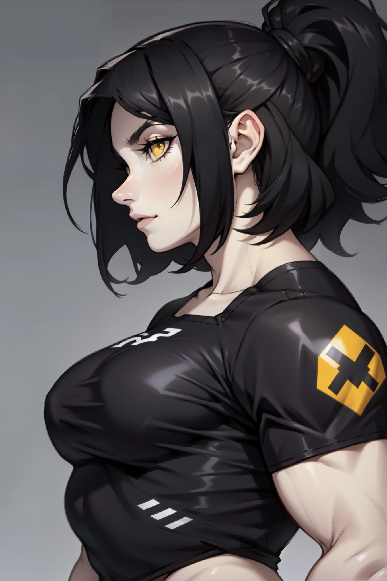 huge hair huge muscles girl sad blush embarrassed pale skin black hair yellow eyes female