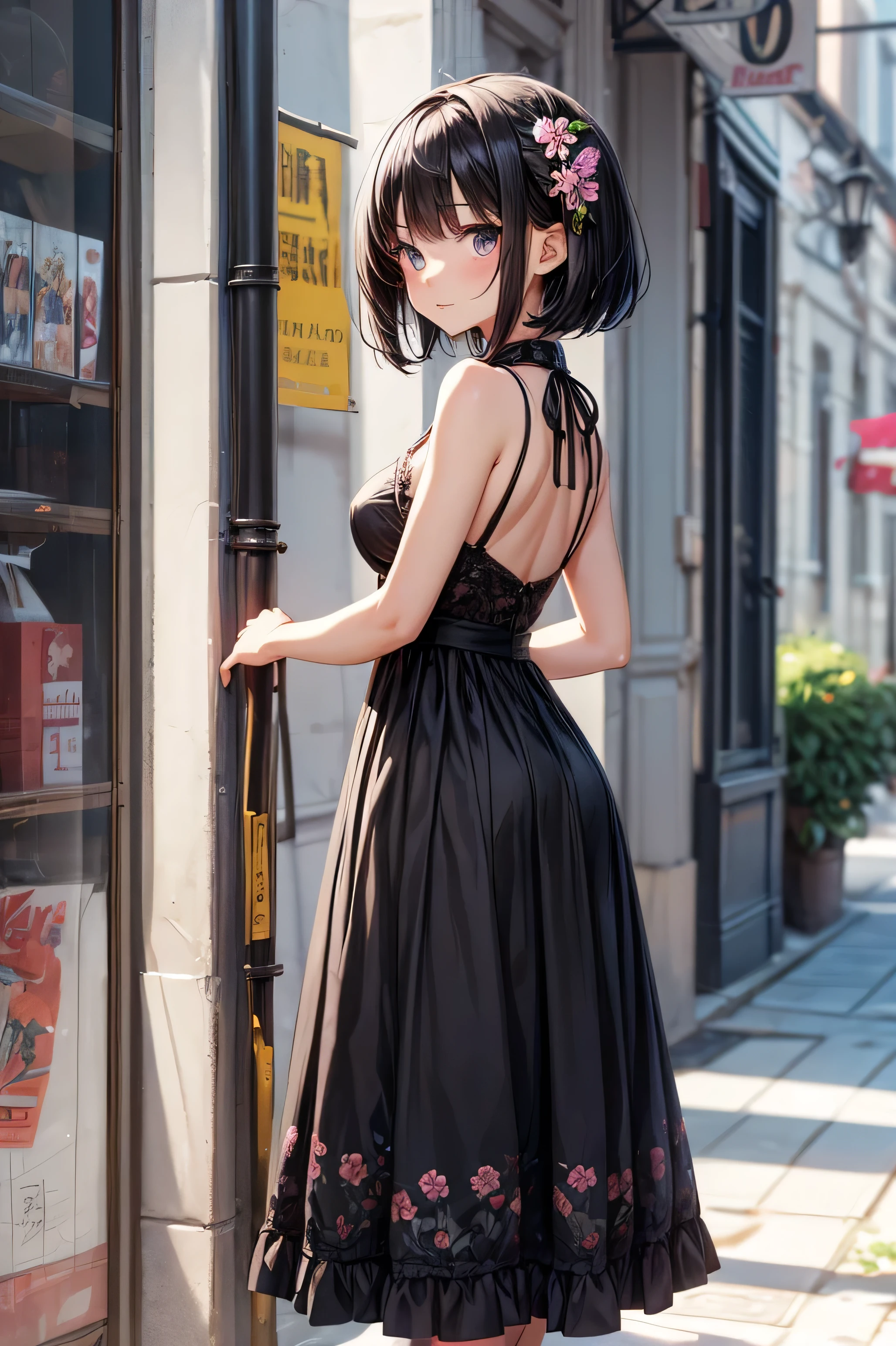 Highest quality , High resolution , Detailed CG , high school girl , short hair , Black dress , Modest chest , Black Hair , Two limbs , Optimal ratio , Embarrassed expression , Burning cheeks , In town , Narrow alley at night , Very dark back alley , Nipples are visible , touching one's own breasts with one's own hands , facial expression during orgasm , Hiding in the shadows ,