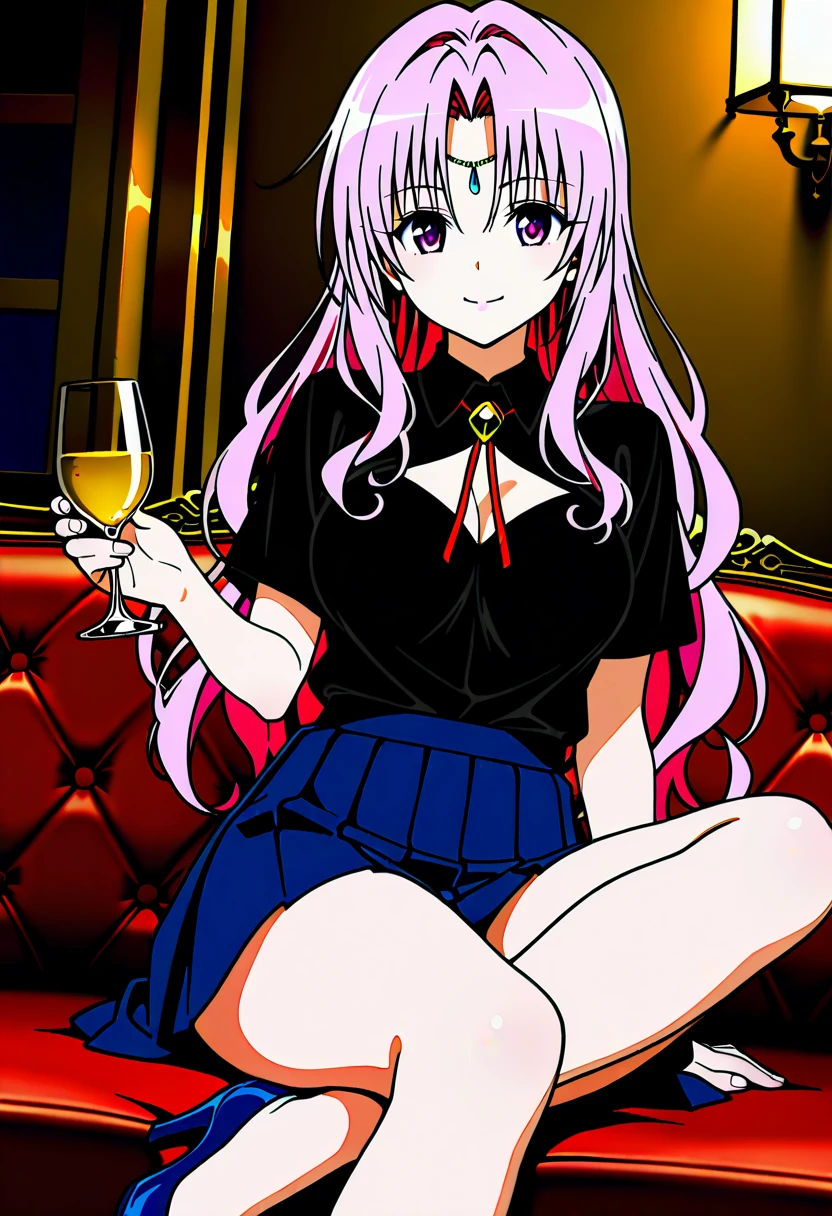 1 girl in chainsaw man style, long hair, light pink hair, hair with blue tips, multicoloured, blue colored eyes (detailed), white outfit with a black tie, your short black, big boobies,small smile, holding a glass of wine, tilted face, sitting on a luxurious sofa, black backdrop