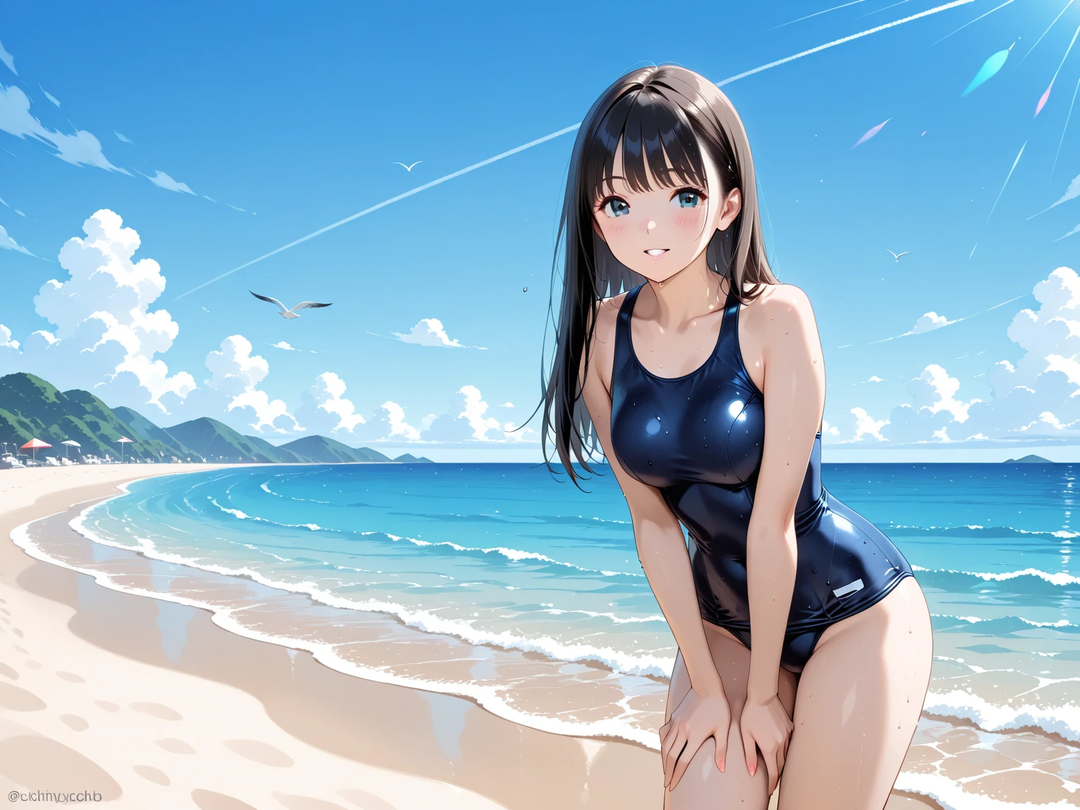 (high quality, High resolution, Very detailed, reality:1.37), Peaceful atmosphere, (Sandy Beach), Teenage girl standing alone, (my breasts are big.), Beautiful details, Cute Smile, (Black bob hair), One piece swimsuit, barefoot.
