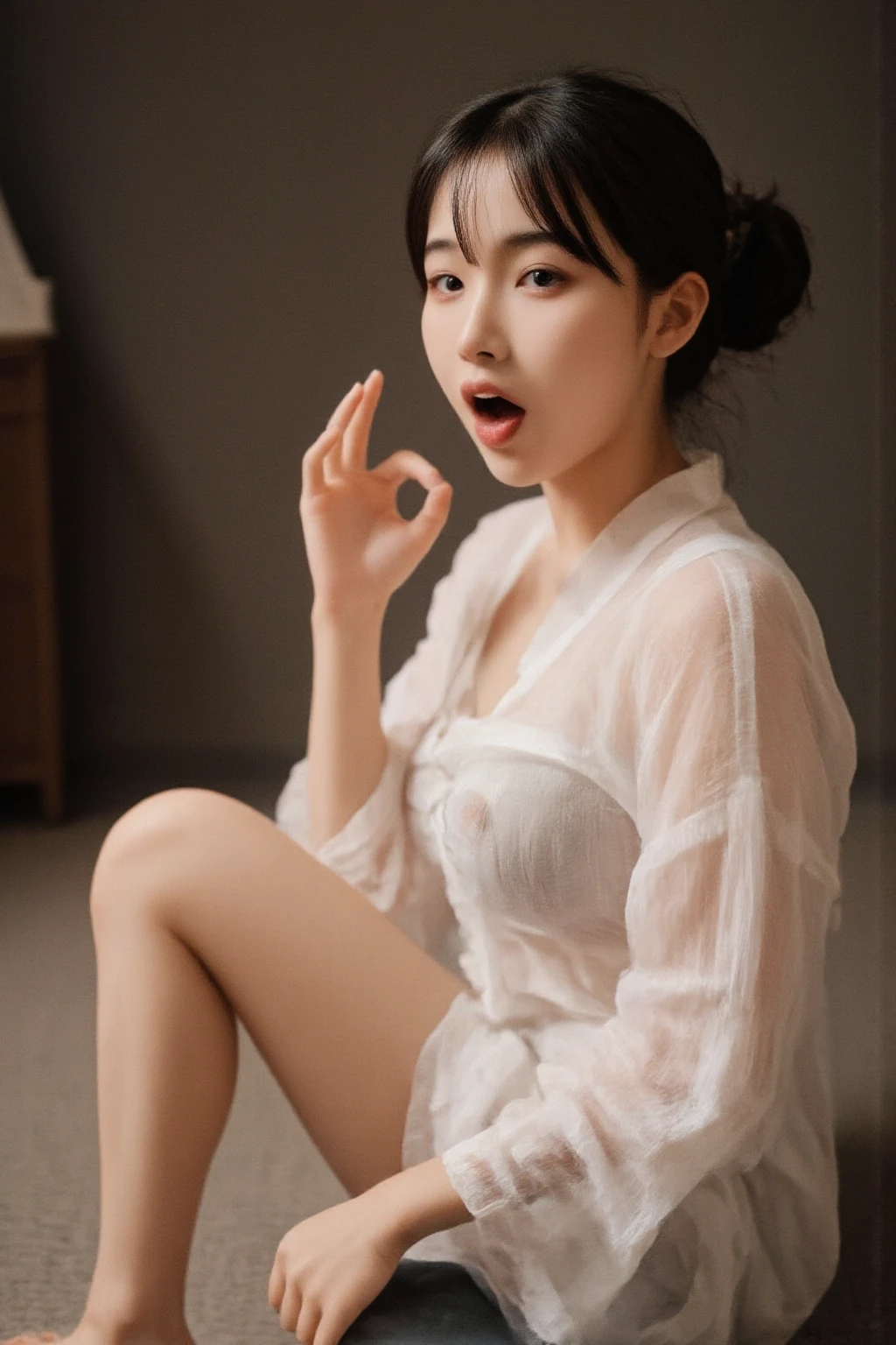 prompt 14 year old girl、(((child-faced)))、((swim wears))、(((squatting)))、(((bob cuts)))、Straight hair、Dark hair、(((slenderbody)))、(((Sheer clothes)))、((Top image quality、8K))、((top-quality、8K、masterpiece:1.3))、(((Stage Background)))、Crisp focus:1.2、Highly detailed facial and skin texture、8K、beautiful legs spread apart、lovely thighs、glowing thigh、skinny legs、small hand、Pink、Bitten underwear、a navel、(((small tits)))、pink nipples、Chilla nipples、nipple erect、pointed Nipple、embarrassed from、view front、Cross、Opening Mouth、Looking at the camera、big eye、red blush、