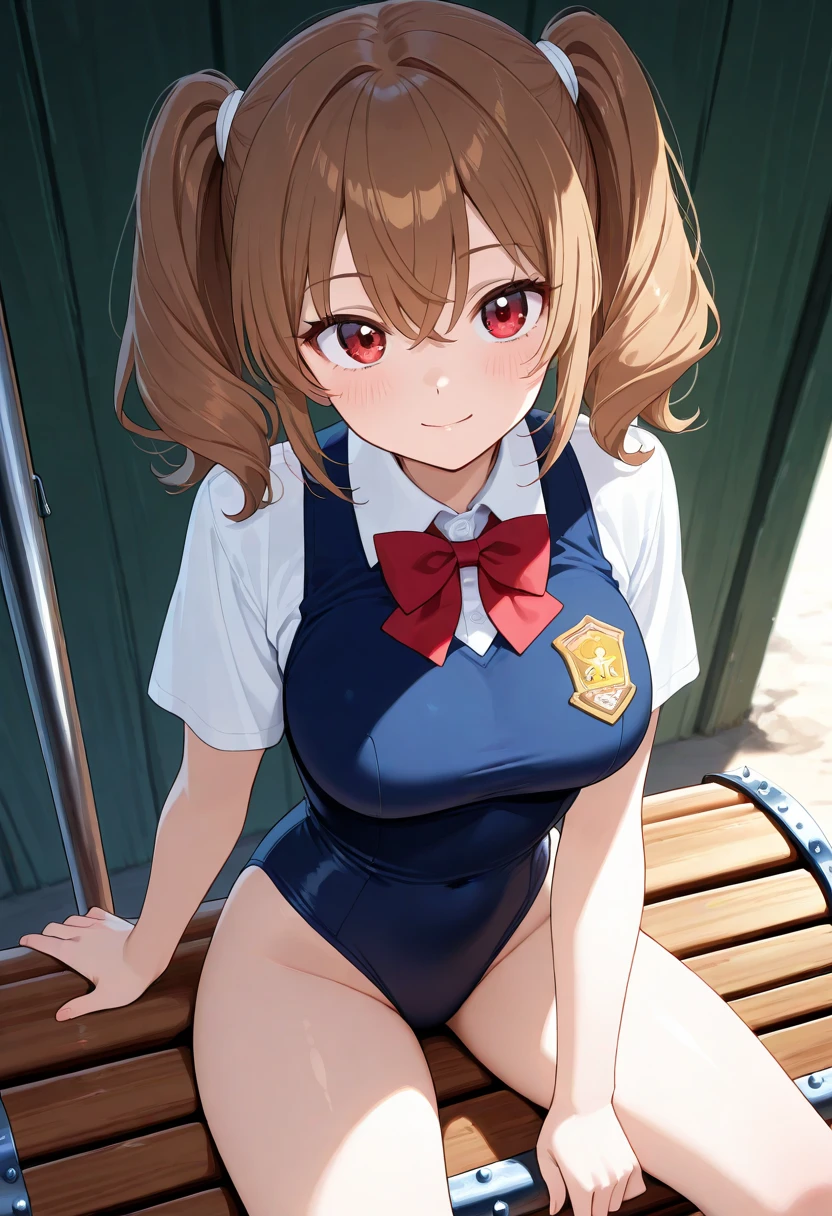 ((masutepiece, Best Quality, hight resolution, nffsw, Perfect Pixel, depth of fields, 4K, )), 1girl in, Solo, , Beautiful anime girl, Beautiful Art Style, close up, Looking at Viewer, Perfect body, Short hair, brown hair, ponytail, mole on face, blue eyes, (large boob), Full face blush, Smile, thighs thighs thighs thighs, navy playboy bunny, red bowtie, white background, bent over, hugging, side shot, Focus,