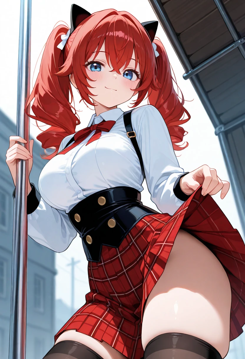 ((1girl)),((alone)), arima kana,(masterpiece), (best quality), (ultra detailed), (best illustration), (best shadow), (absurdities), sharp focus, cowboy shot , dynamic posture looking at the viewer, big breasts, narrow waist, wide hips, wide thighs, round butt, erotic, romantic, (very detailed eyes, lips 1.1), very detailed eyes, eyes, Very detailed face, Very beautiful face, height full, beautiful slim figure, femininity, expressive appearance, elastic small breasts, increased sexuality, short hair, red hair, beret, red eyes, , blue beret, red bow tie, collared shirt, blue jacket, open jacket, long sleeves , gray skirt, short skirt, white socks, brown loafers, bare thighs, defined body, perfect and beautiful body, perfect and beautiful, closed mouth, calm expression, blushing, (sexy pose: 1.2), ((solo)), foot: 1.3, outdoor, school, garden, cherry trees, yard, looking forward ((focus on thighs), point of view (from below), red blush, perfect anatomy, perfect hands,