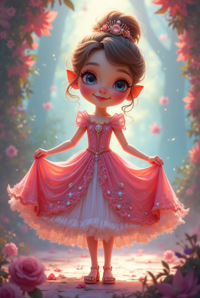 Western child with half ponytail, wearing a pink princess dress with shoes, standing in pink with flowers, pink princess background with flowers  