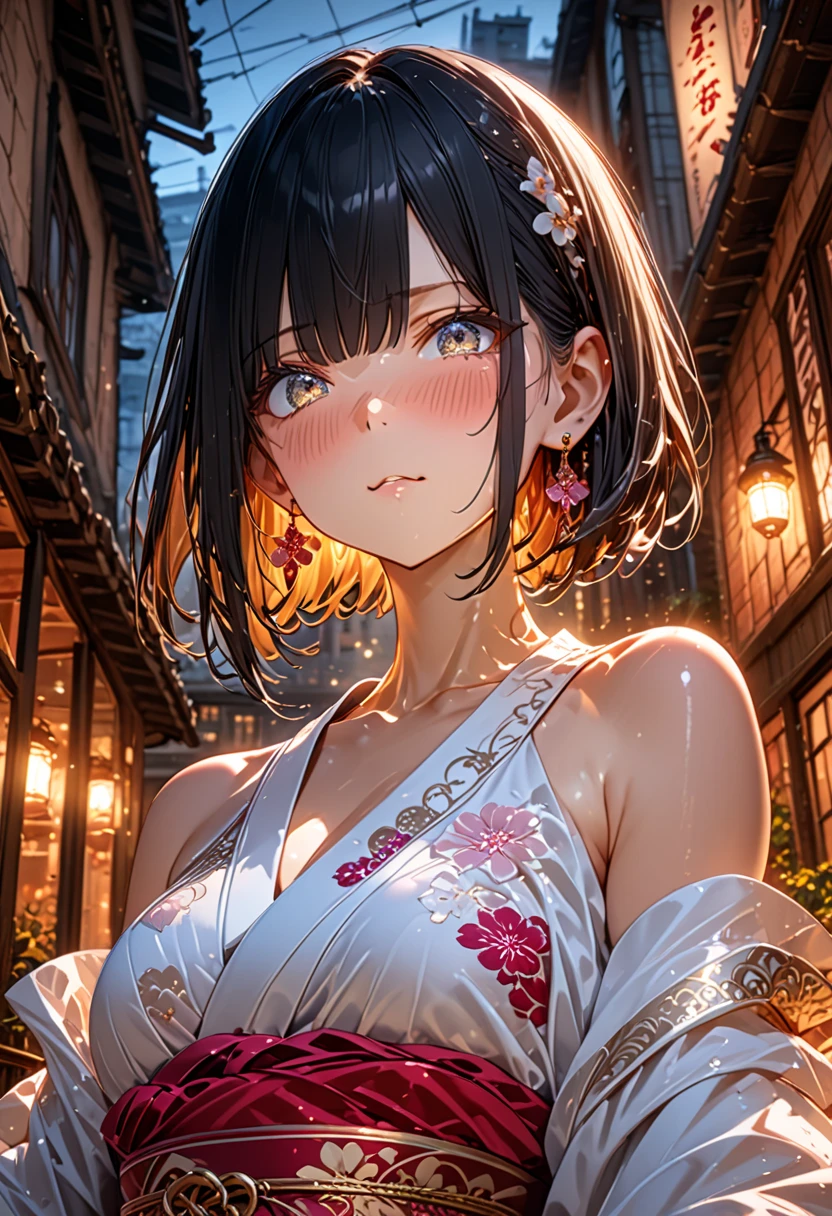 High resolution、Off the shoulder、Real Skin、Big earrings、necklace, ((Very close to the audience))、((Spectators are welcome.))、Waiting for a hug、shy、Embarrassing、　Delicate body、Sharp eyes, Woman in a Japanese hot spring, Immersed in water,nsfw, nude,nsfw, Tucked up、Show your chest、Taking off clothes、Perfect Anatomy,