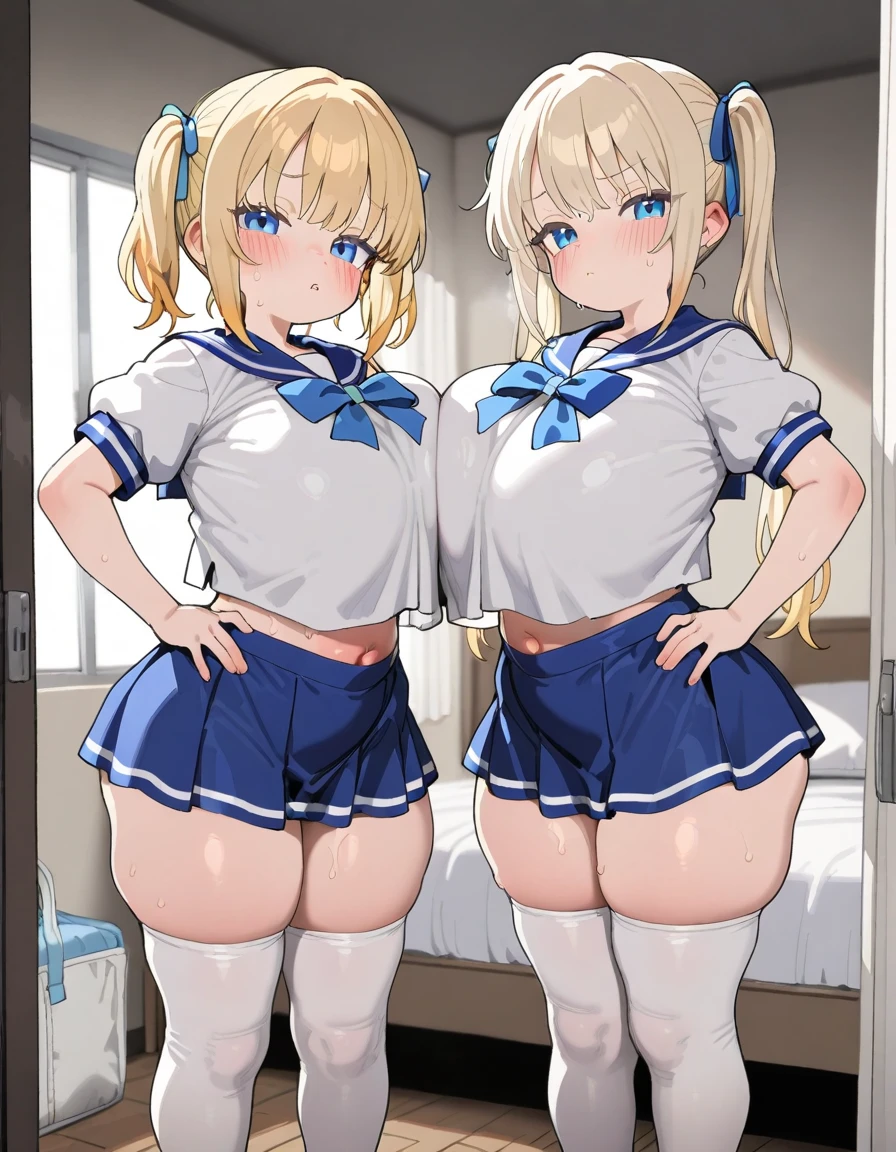 Masterpiece, High quality, 4K, HDR,, two slender women, standing side by side, full body, one with silver short hair other one with blond short hair, one with black eyes other one with blue eyes, one wearing black mini kilt skirt other one wearing blue mini goard skirt, one wearing blue blouse shirt other one wearing white blouse shirt, one lifting skirt with own hands to show own crotch other one lifting skirt with own hands to show own crotch, one wearing lacy pink panties other one wearing lacy violet panties, white background,