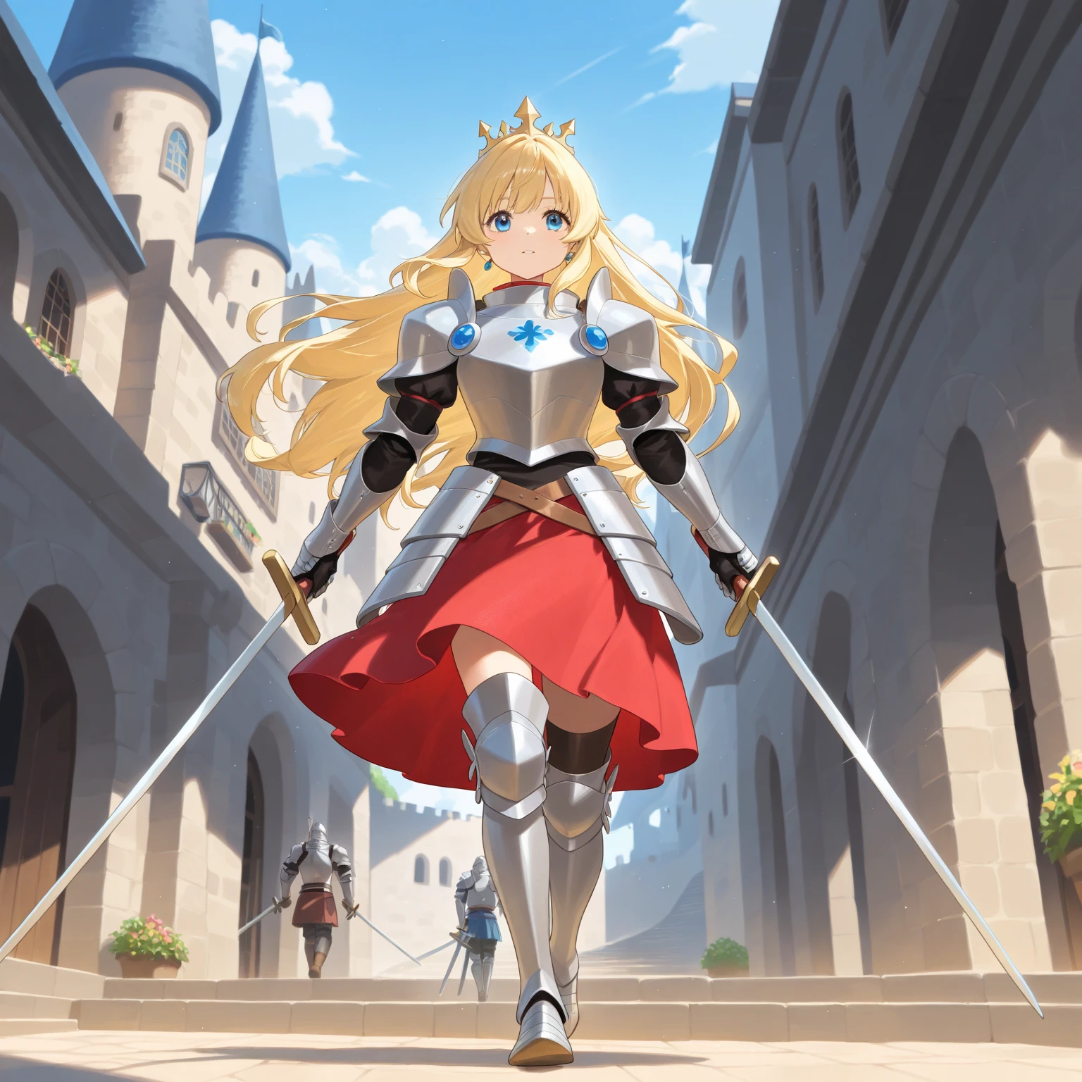 1girl, rating:safe, cape, long_hair, blonde_hair, breasts, solo, garter_straps, large_breasts, thighhighs, armor, blue_eyes, holding, weapon, gauntlets, looking_at_viewer, sword, holding_weapon, castle, red_cape, skirt, black_legwear, bangs, braid, outdoors, cleavage, hair_intakes, eyebrows_visible_through_hair, blush, black_cape, cloud, sky, holding_sword, chain, armored_dress, closed_mouth, very_long_hair, standing, dress, tower, cityscape, blue_sky, day, french_braid, hair_between_eyes, zettai_ryouiki, building, miniskirt, floating_hair, cowboy_shot