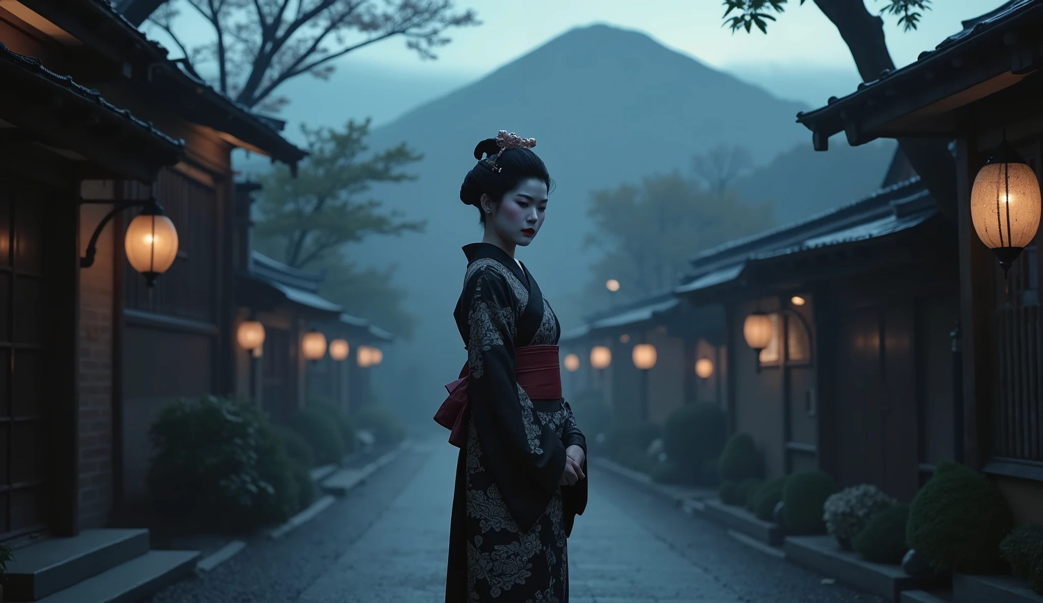 Asian Geisha girl, beautiful face, perfect body, Japanese village, dark, nighttime, foggy, dark street, Japanese mountain background, sexy, seductive, high detail, masterpiece.