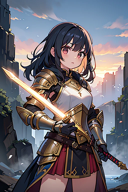anime girl in golden armor with a sword and shield who is 20 years old in a medieval landscape with the shield raised and a castle in the distance