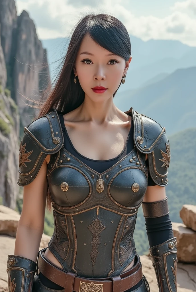 8k,Realistic, A fearless woman(Like the real thing), A large woman wearing brown and black armor.,A muscular, macho woman with a bold face.,Mohawk Hair,brown pants and protectors,Surreal,Cordial,Focus on the audience,masterpiece,PhotoRealistic RAW photos of the highest quality。Bright colors,Rich colors, Backlight, Cinema Lighting, Film Grain, to be born, 50mm lens, Nikon D850,Realistic skin,Fantasy art,Character Art,Ultra-high resolution,Realistic scale skin,Perfect hand shape,View your viewers,Beautiful expression,Dynamic pose,Very big smile,Muscular Beauty,Bodybuilder,Carrying a very large sword on one's back,Very large breasts,Very tanned skin,In front of the ruins of the temple,