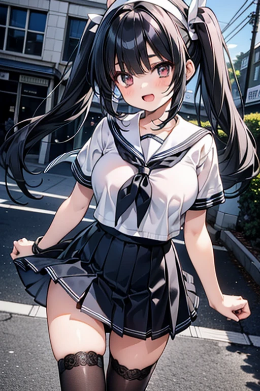 A girl，twintails，Long hair，Black Hair，((transparent))，Big tall breasts，Lolita skirt，Sailor Suit，Flowing fabric，Shoulderless and sleeveless，Slim waist，Showing belly，Smooth legs，blush，On the bus，