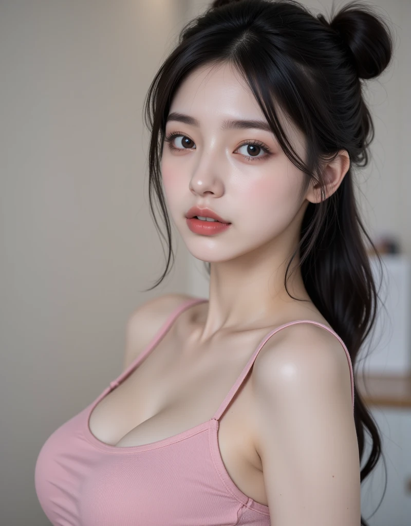 Kim Jennie with white brown hair, with curlers at the ends, with two bows on each side of the hair, all her white hair brown, with a star clip in her white brown hair, light colored eyes, Beautiful eyes, crying eyes, Beautiful, splash nose, watery nose, Beautifuls labios, pink lips, heart and cupid shaped lip, Beautiful skin, pale, White skin, with moles and freckles all over his face, soft pink blush on cheeks, natural pink blush, soft pink makeup, Jennie, Nice neck, marked collar, frown, tender look, with a kiss necklace, a Beautiful kiss necklace, similar a Yumeko Jabami, while wearing a short pole with the top raised, while the pole is raised, with short shorts, while having a bare abdomen, showing off her navel and her slender waist, Delgado, marked and Beautiful, (big breasts, soft breasts, Beautifuls pechos), while she cosplays the character Yumeko Jabami, The anime Kakegurui., looking to the camera