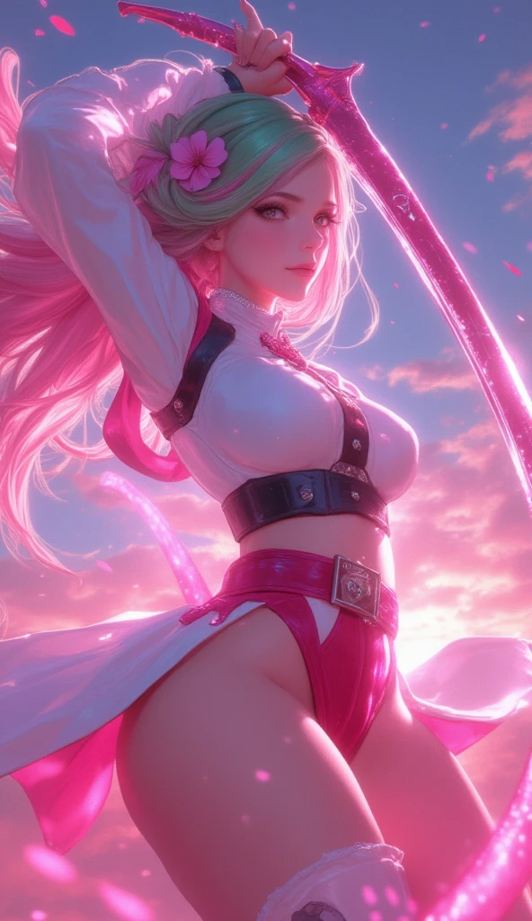 masterpiece, best quality,4k quality,highres,solo girl,sad girl,white hair, ponytail hair, red eye,pink lips,big breast,big nipples, sexy figure, big ass,sexy legs, pink pantties,green grass field, summer