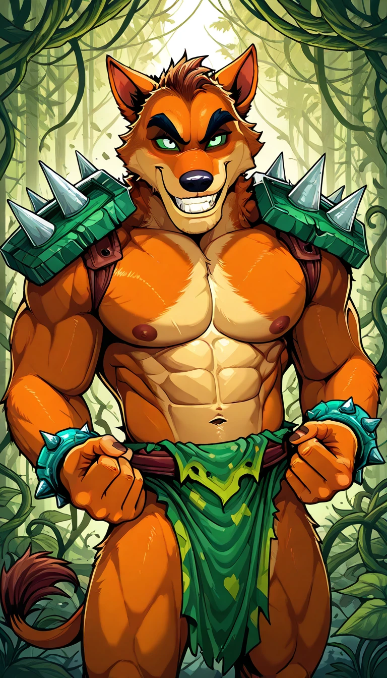 Make a muscular hero referencing the endangered Brazilian maned wolf as a Western comic book superhero in the Amazon jungle, detailing him fighting with the white man and beating him in a river in the Amazon jungle, It needs to be gore and with colorful and vibrant details.