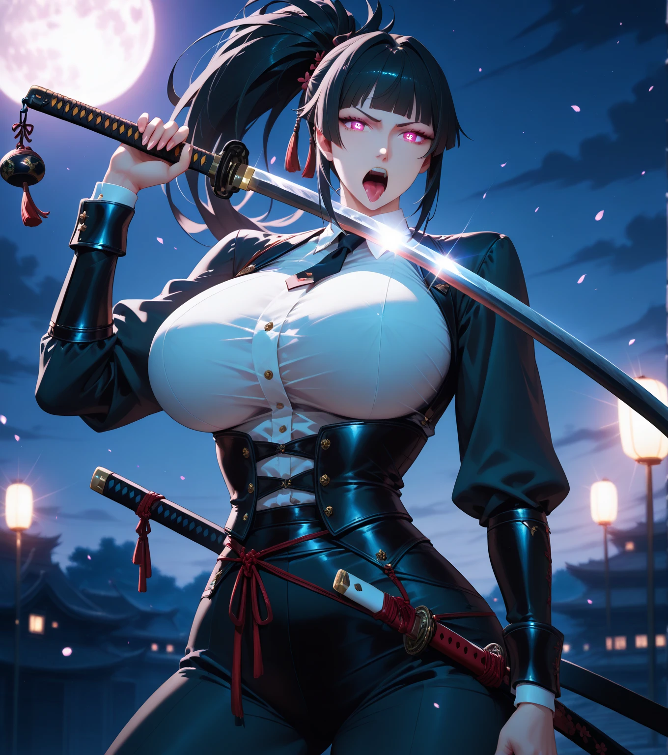 8K,Close-up portrait of a person holding a sword in front of a full moon、A very beautiful cyberpunk samurai、Short Bob Hair,having katana、having katana、Inspired by Yoshigai Kano、woman samurai、Knives、large sword、demon samurai、from arknights、Ghost Beast Waiter、She with a sword、kunoichi、Dramatic Katana Wielding Pose、(hyper gigantic breasts:1.4)