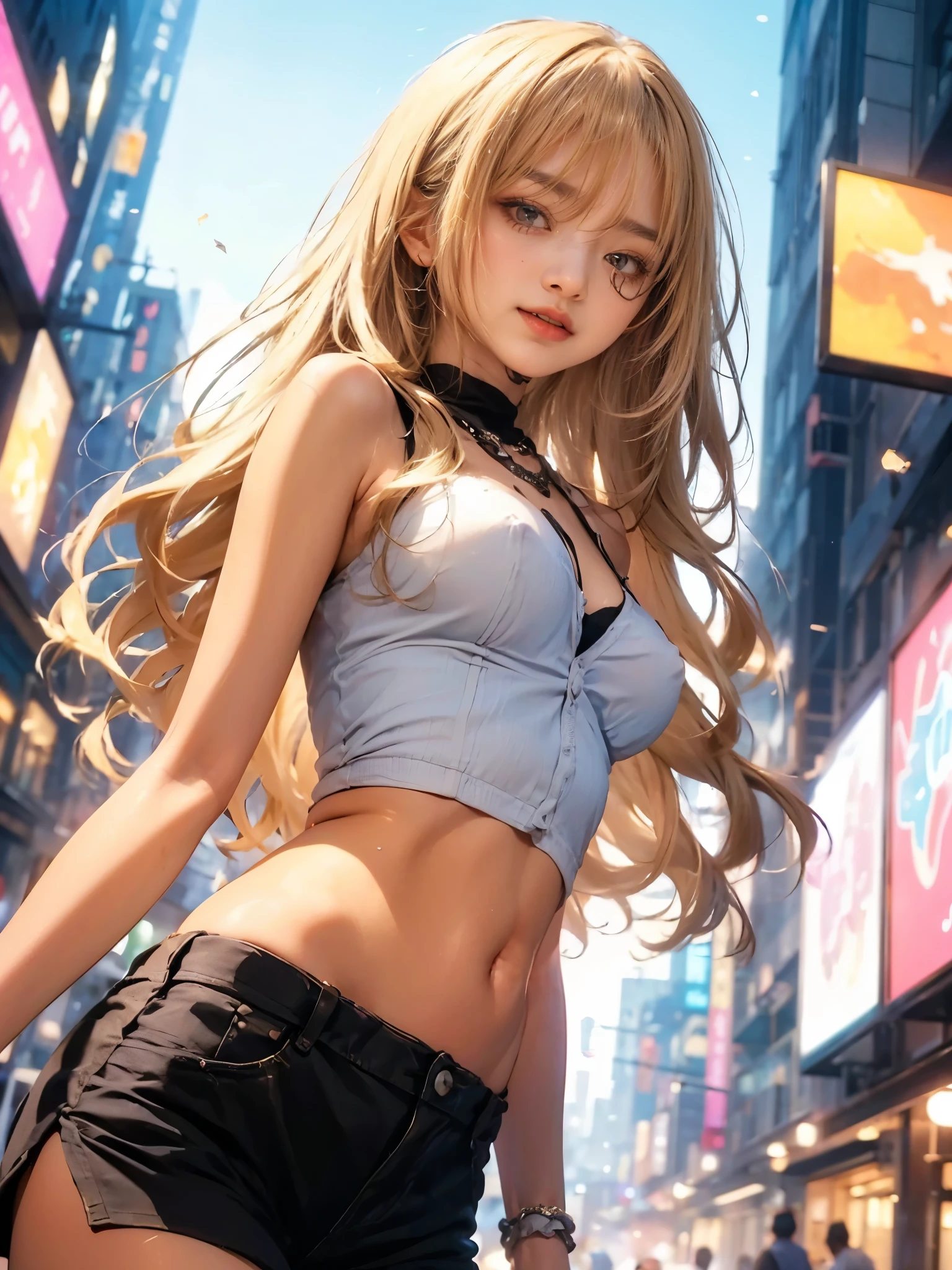 Blonde gray hair, straight hair, spread hair, long hair, Eyes sparkle, long eyelashes, blue eyes, compensate, smile, color field painting, modern art, Northern Renaissance, blurry, blend, From under the chest, Breasts from chest to armpits, panorama, ultra wide angle, wide angle, f/1.8, 135mm, canon, nffsw, retina, table top, elaborate, anatomically correct, skin texture, Super detailed, high detail, high quality, High resolution, 1080P, hard disk, 4K, 8K, 最high qualityの,  sexy pose (Neon lights of skyscrapers glitter in the background),(black lace panties)(最high quality)、 (masterpiece)、(影の少ないプロフェッショナルなreveal)、 (超realistic)、 (perfect anatomy)、 (in front of the camera、There are two women、(can play)、1girl showing breasts, Asan, And the girl who shows her forehead、And moles under the eyes), ( Choppy.3), (bright, plat, White skin without wrinkles or unevenness:1.5), (Beautiful blue eyes with long eyelashes and red tear bags:1.5)、 (Although her costume is naked, worn as a small piece of cloth:1.5), (Two people are surrounded by flowers, 誇らしげにin front of the cameraで胸を突き出します:1.2), (Another person on the other side、arch your back and look back, (Put one hand behind your head, 美しい顔は眉を下げた美しいsmileです), open chest、very beautiful breasts、sexual excitement、 performance、shiny skin。realistic、Photoreal:1.37)、(K-POP idol)、messy hair、medium hair、(pink blush)、(reveal)、(alone)、dynamic pose、((、(((((underboob)))))、lower chest、oily skin、skinny、 (thatに対して&#39;thatに対して&#39;that&#39;that&#39;It&#39;s sexy if you can see a little of the bottom of your breasts.....)、(目に見えるlower chest、I can see your belly button and ribs)、Hip bones and lower abdomen are visible、((Translucent underwear with almost no fabric))