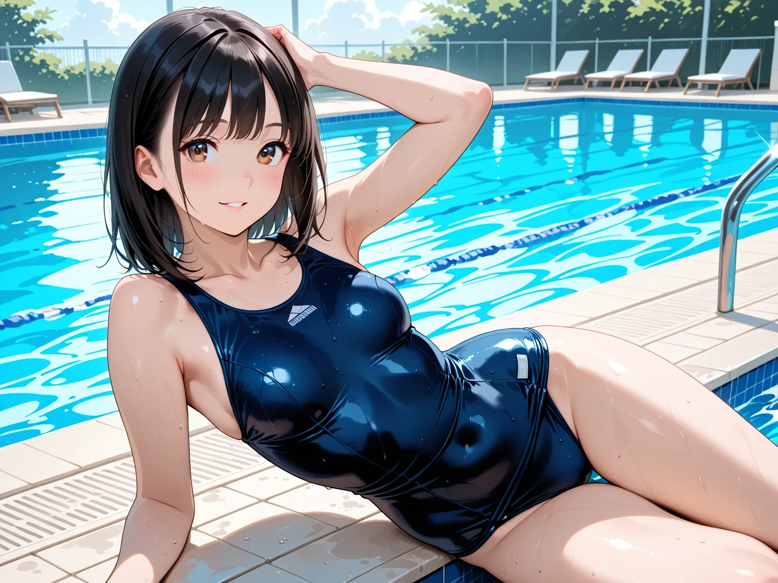 1girl, pool, school swimsuit, oiled skin, shiny skin, beautiful skin,smile、Sticking out tongue