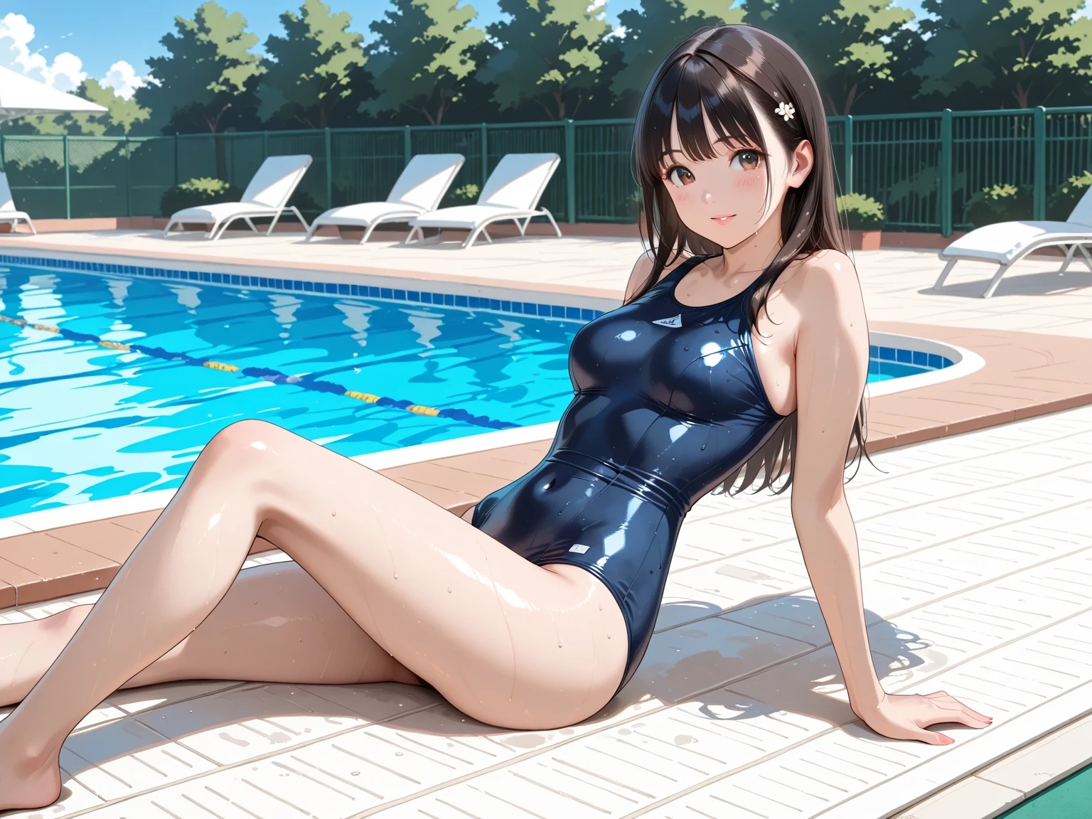 masterpiece,best quality,ultra detailed, best illustration, nsfw, 1girl, black_hair, bangs, long_hair, hair_ornament, blunt_bangs, blush, green_eyes, smile, hairclip, aqua_eyes, KK-70, blue one-piece swimsuit,