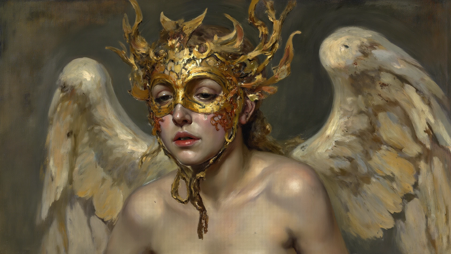 Design me a {Colossal Masterpiece, realistic oil painting, best quality, by Gustave Moreau}, dramatic portrait of a elven Garuda, elven ears, yellow jaundiced skin, chiaroscuro, iridescent, holographic, displaying multicolor wings, reclined on a jungle temple floor.