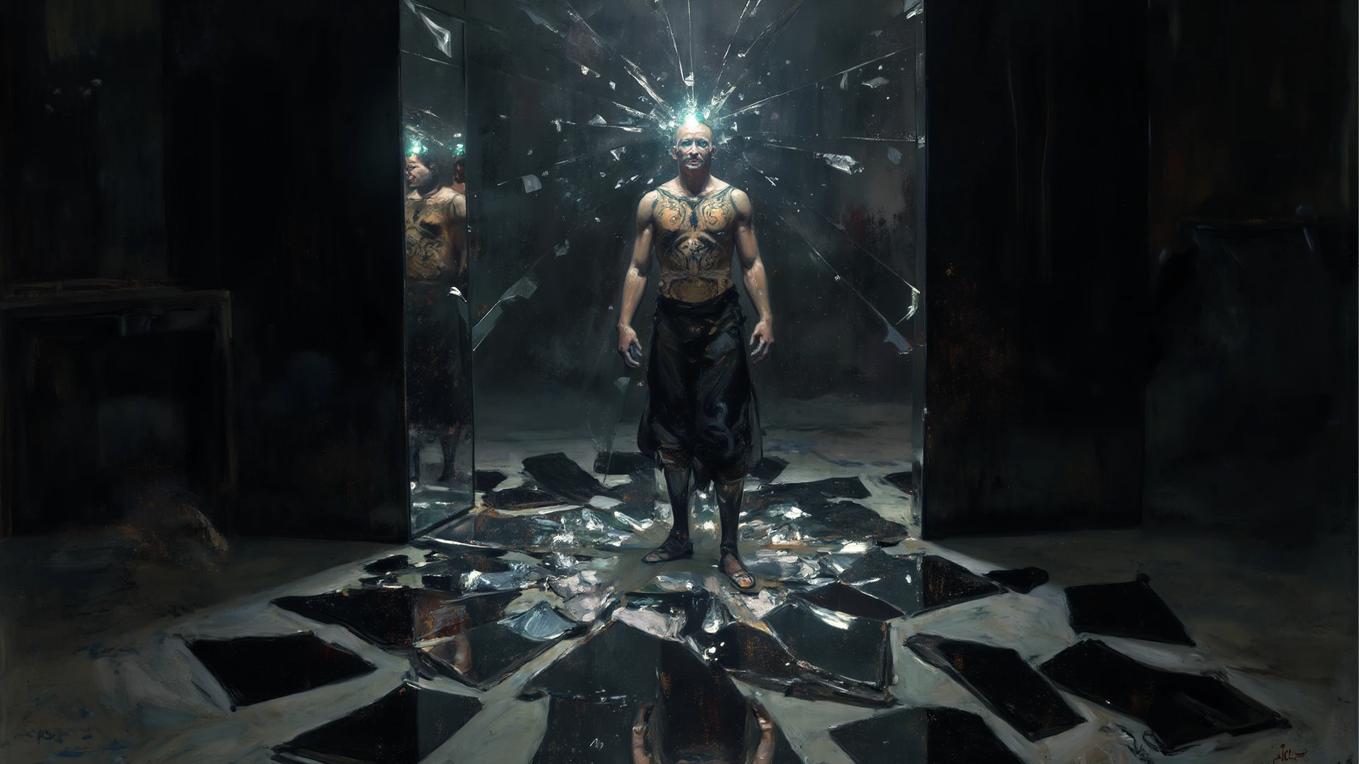 tempera painting by esad ribic, glowing skin, white skin, glowing white skin, luminescent skin, black background, male focus, ornate cloths, levitation, foreshortening