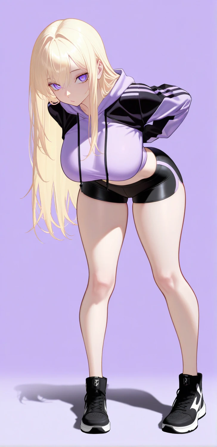 (best quality, masterpiece:1.3), (perfect details:1.1), <lora:skullgirls-4mix:0.55>, 1girl, solo, simple background, large breasts, wide hips, narrow waist, thick thighs, skinny, yoga pants, leggings, hoodie, whale tail, thong, <lora:whale_tail:0.55>, ass, from behind,