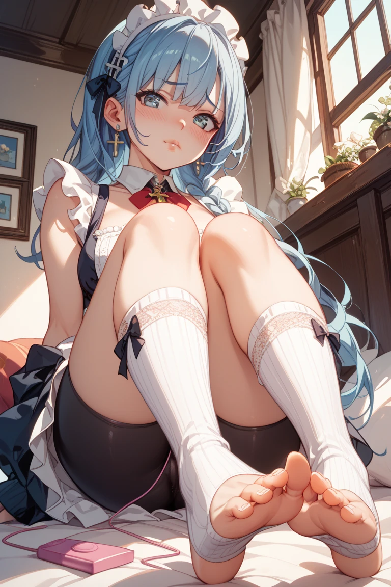 Curvy chubby body, light blue long hair, blue eyes, wide legs , hand spreading , naked, wide , on bed, ass, visible crotch, sofa, chair , curtains, sunlight,((white skirt)), hand sleeves, black stockings,