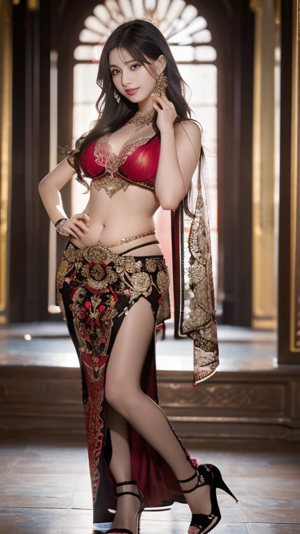 a beautiful attractive woman in luxury belly dance burgundy red dress , perfect face and body , in ancient golden palace background, intricate chain jewelry suspenders, beautiful breast, medium long body shot , elegant pose