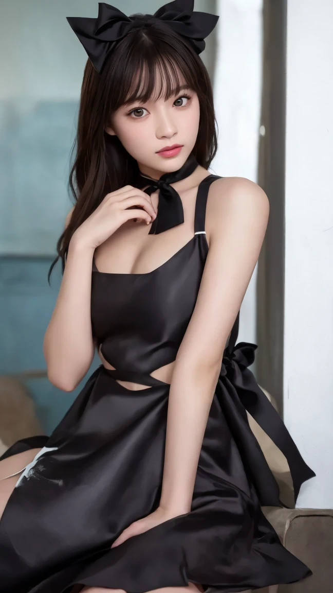 Ultra Real), (illustration), (High resolution), (8K), (Very detailed), (Best illustration), (Beautiful detail eyes), (Best quality), (Ultra detailed), (Masterpiece), (Wallpaper), (Detailed face), ( Black hair), Tatami, 1 girl, lace-up backless apron, bare legs, saturated light, edge lighting, backlight, movies, (torn clothes: 1.5), full body photo