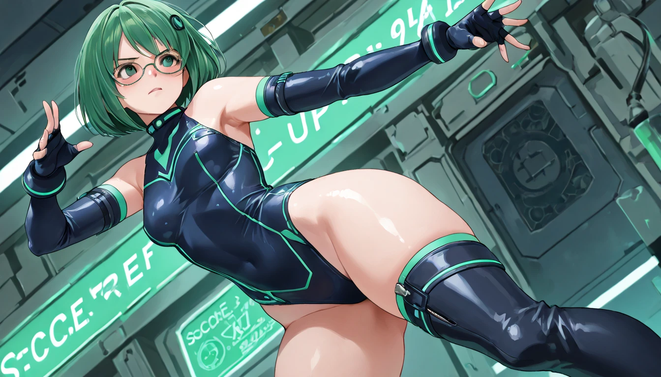 nsfw,(super fine illustration,8K CG wallpaper,best quality,extremely detailed,ultra high res,best aesthetic),(cowboy shot,from front),idolmaster, {{{hina araki}}}, (20yo, beautiful girl), (beautiful brown eyes),((beautiful orange hair)), ((short hair)), (((green rim glasses))), (wet hair), (wet skin), ((sweat)), ((steam)), (flat chests,large breasts), (tall), (slender), (((green and white cyber suit))), ((open clothes)), ((pubic orange hair:1.5)), ((on stage)), ((((spread legs)))),((spread pussy:1.3)),(open mouths), (a big smile), ((stick out tongue)),(feel good), (one eye closed),(blush),(singing),((have a microphone)),((headset)),(cum on body:1.1),