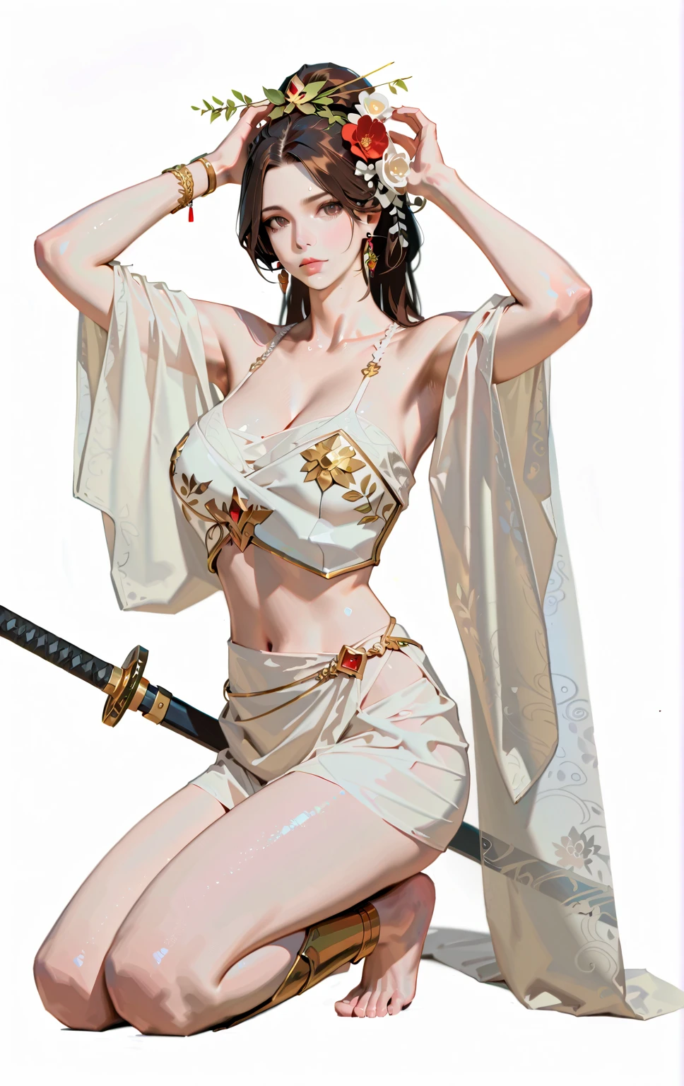 Girl with sword，Simple lines，Light underwear，（transparent），The chest is faintly visible，Cleavage，Minimalism，Holding a red long sword，