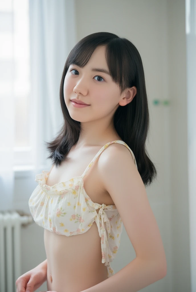 Japanese,Beautiful 6 years old,Baby Face、Upper body image、Ultra-flat chest:1.85、Ultra short height、An innocent smile、Flat Chestのクローズアップ、Flat Chest:1.85、cute,Primary school students,clavicle、Primary school studentsの私服、Summer clothes、So small and so young、On the bed:1.85、She has her arms open wide waiting for a hug:1.85