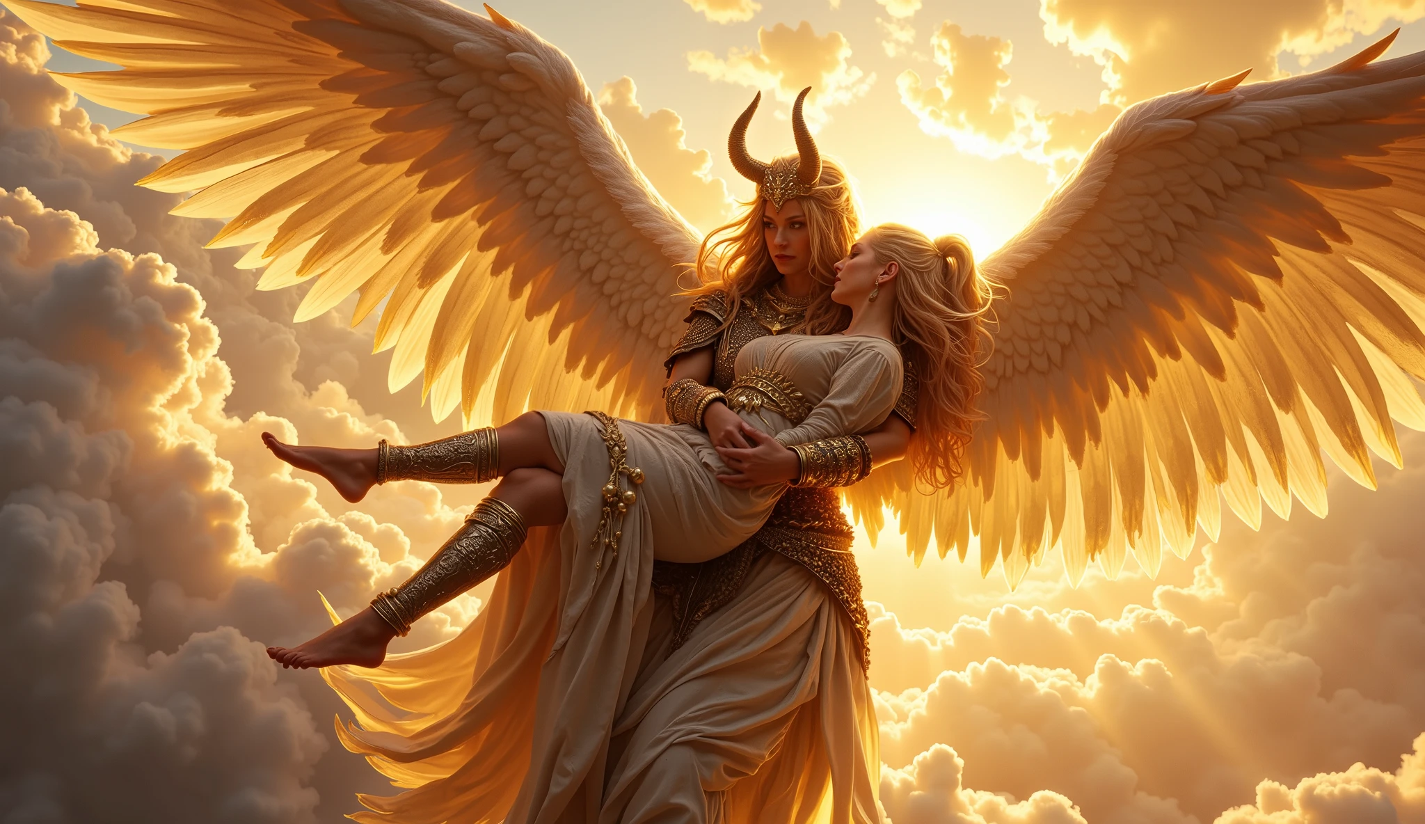 ((best quality)), ((masterpiece)), (detailed), photorealistic, Most beautiful female winged valkyrie (holding a dead viking warrior in her arms) flying into the sky up to valhalla. View from above.