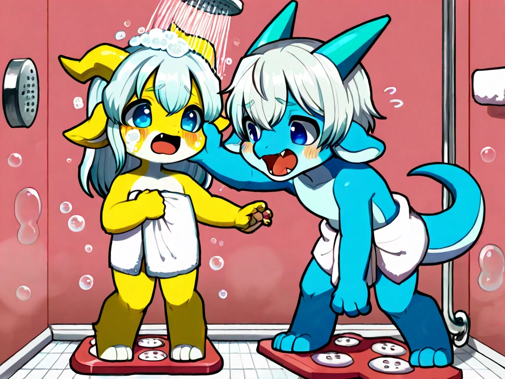 gumball waterson, flaccid, and annias waterson, taking a bath together, nude, side by side, 