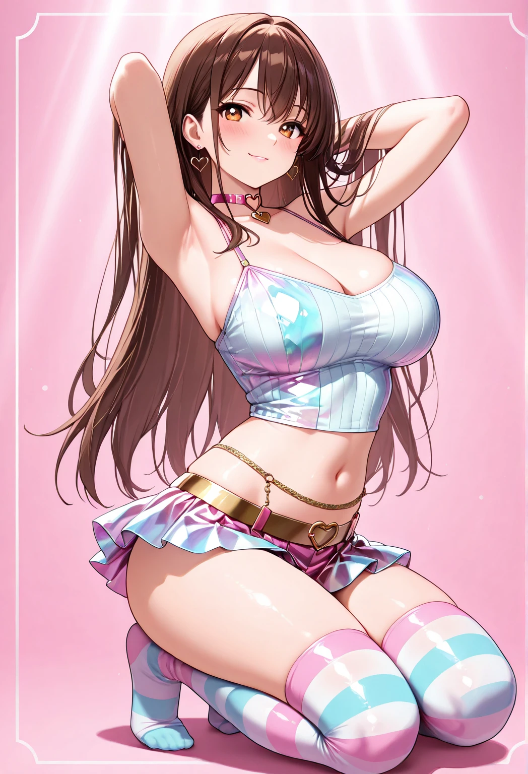 masterpiece, highest quality, Very detailed, ,Fine details, Anime style, 1 girl large breasts、Big Ass、Cleavage、Tight waist、Cowboy Shot、Long Hair、Beautiful Eyes、dark brown hair, Shiny Hair, light brown eyes, White camisole, mini skirt、Light blue panties, ((underboob))、Sexy pose, Seductive pose, arched back, hands on hips