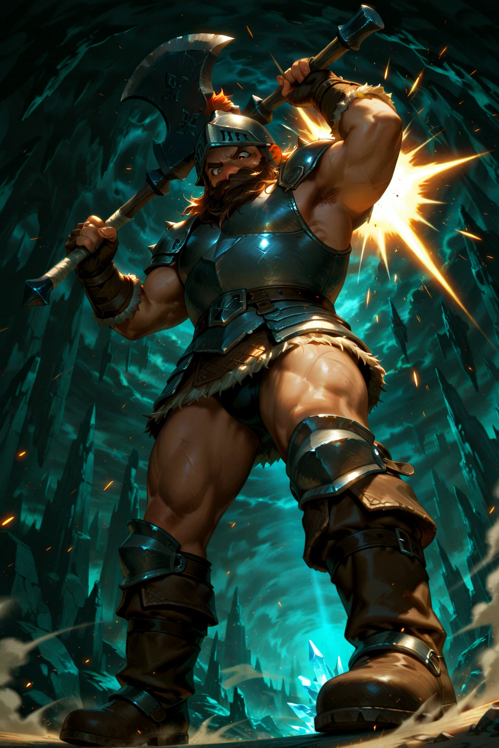 top quality, high-quality illustrations, the beautiful depiction of light seen in Vermeer's works, the intricate portrayal of muscles found in Michelangelo's works, Landscapes inspired by biblical themes depicted by Leonardo da Vinci, masterpiece, dark fantasy, castle, gatekeeper, absurdres, Perfect Anatomy((kemono, beastman, solo focus, bulge in the crotch))(Anthro:1.7)((horse facial features, horse body features))(detailed muscles))full body(Fighting Pose) Armor, Spear, Medieval Warrior, (dense sweat:1.4), casting lightning, electricity, swirling fire, radiating power, sparks, smoke, magic, ((dramatic)), epic, battlefield, depth of field, bokeh, 4k, gothic, ember, particles,