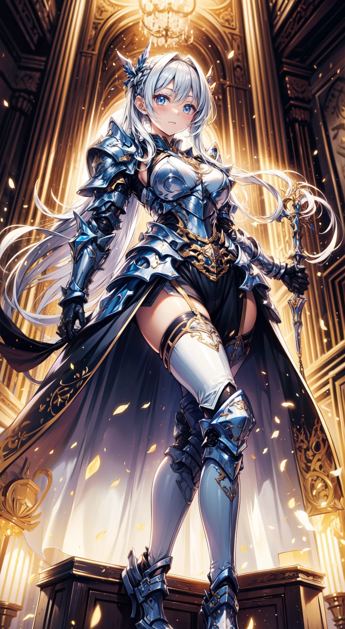 full body, def_effie, blue breastplate, looking at viewer, shiny,armor, thighhighs, high boots,shoulder armor, faulds, poleyn, gloves, gauntlets, Rerebrace armored boots, pauldronasterpiece, best quality, ultra-detailed, best shadow) yordle (1girl)( blue skin:1.2) pointy ears muscular lean platinum blonde long twin-tails hairstyle at the office lustful smirking smile face red blushed, blush, strong abs, female body builder, tiara, twin drills hair